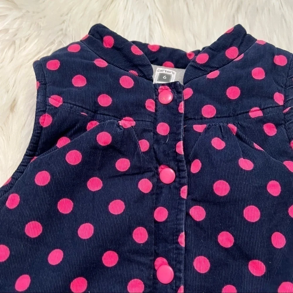 Carter's Baby Girls Sz 6 Months Sleeveless Vest Snap Up Navy Blue Pink Polka Dot
